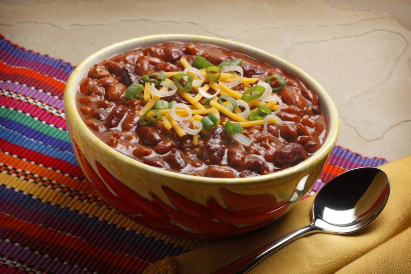Bowl of chili with spoon next to it